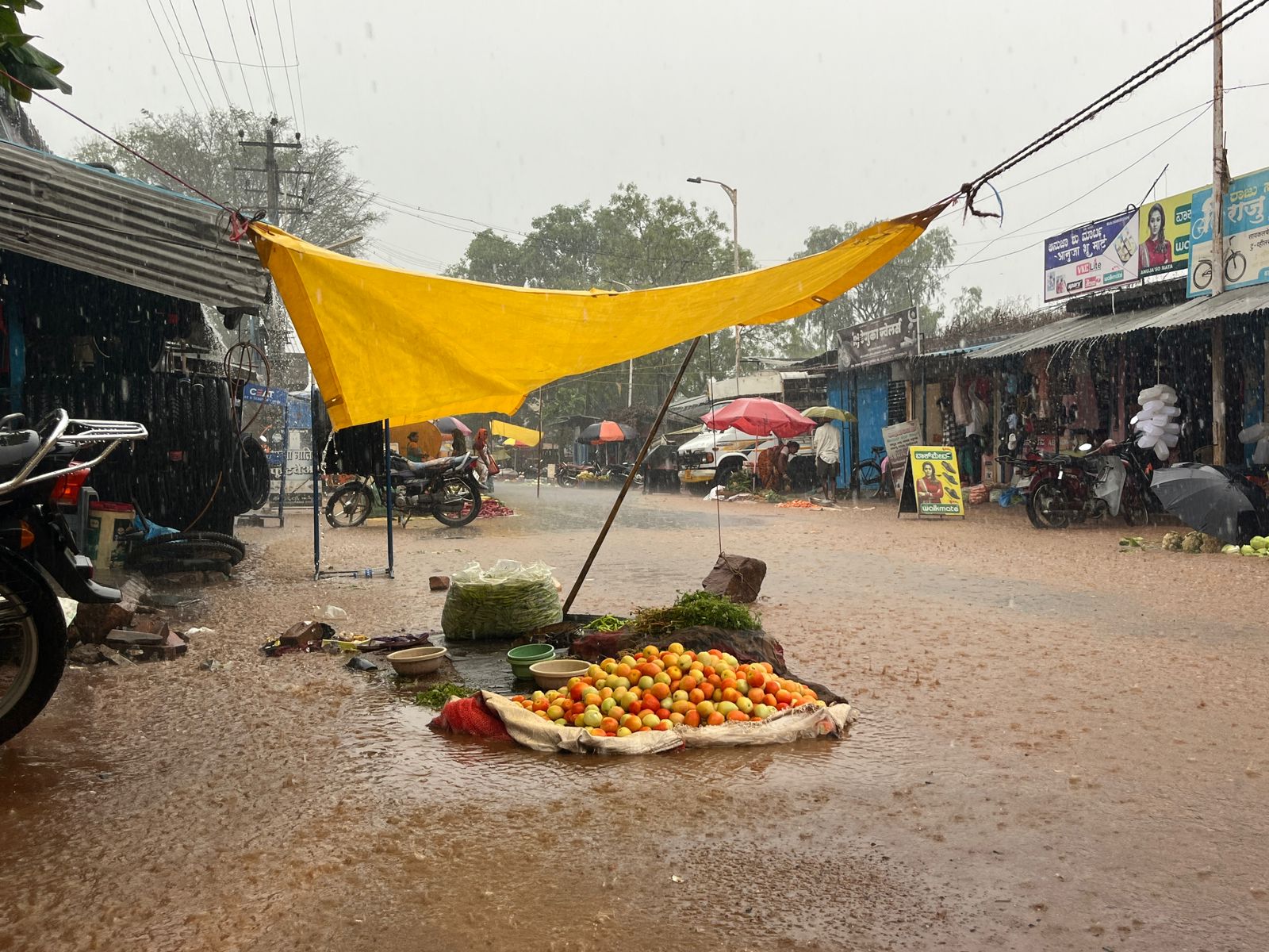 ಧಾರಾಕಾರ ಮಳೆಯಿಂದಾಗಿ ನಿರುಪಾಲಾದ ತರಕಾರಿಗಳು, ಅಸ್ತವ್ಯಸ್ತಗೊಂಡ ವ್ಯಾಪಾರಸ್ಥರು